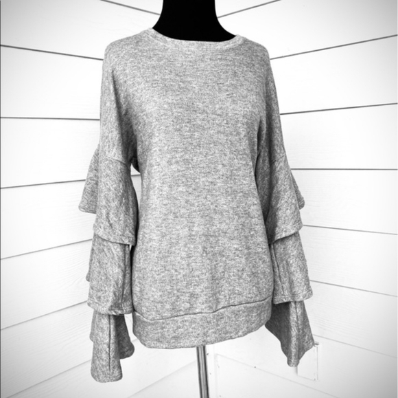 Elegant Heather Gray Ruffle Sleeve Sweatshirt - Picture 5 of 6